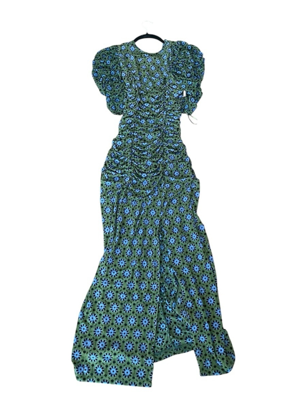 Green Floral Ruched Maxi Dress with Puff Sleeves